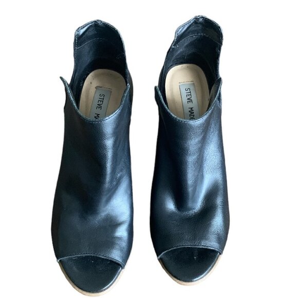 Steve Madden Nello Leather Open Toe Bootie Stack Heel 6.5M Black 135E - Picture 3 of 8